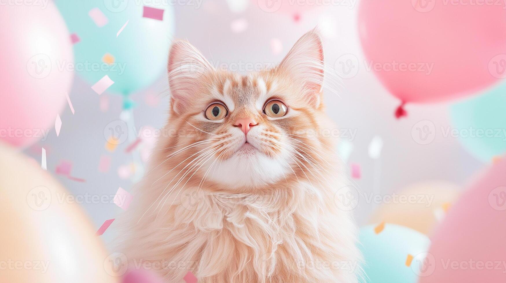 Beautiful fluffy cat surrounded by colorful balloons and confetti photo