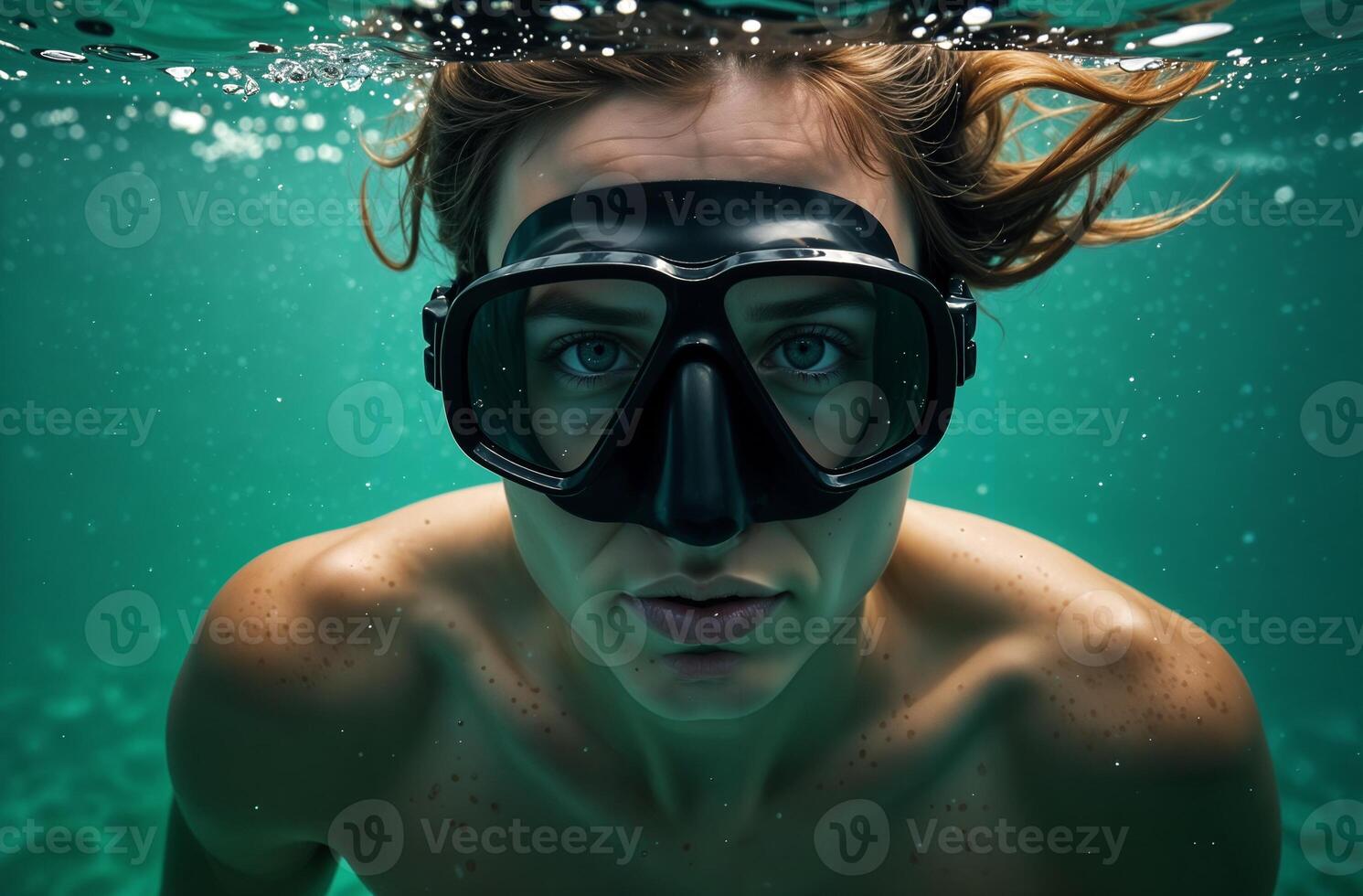 Man Diver in mask swim under water of sea, active vacation on ocean photo