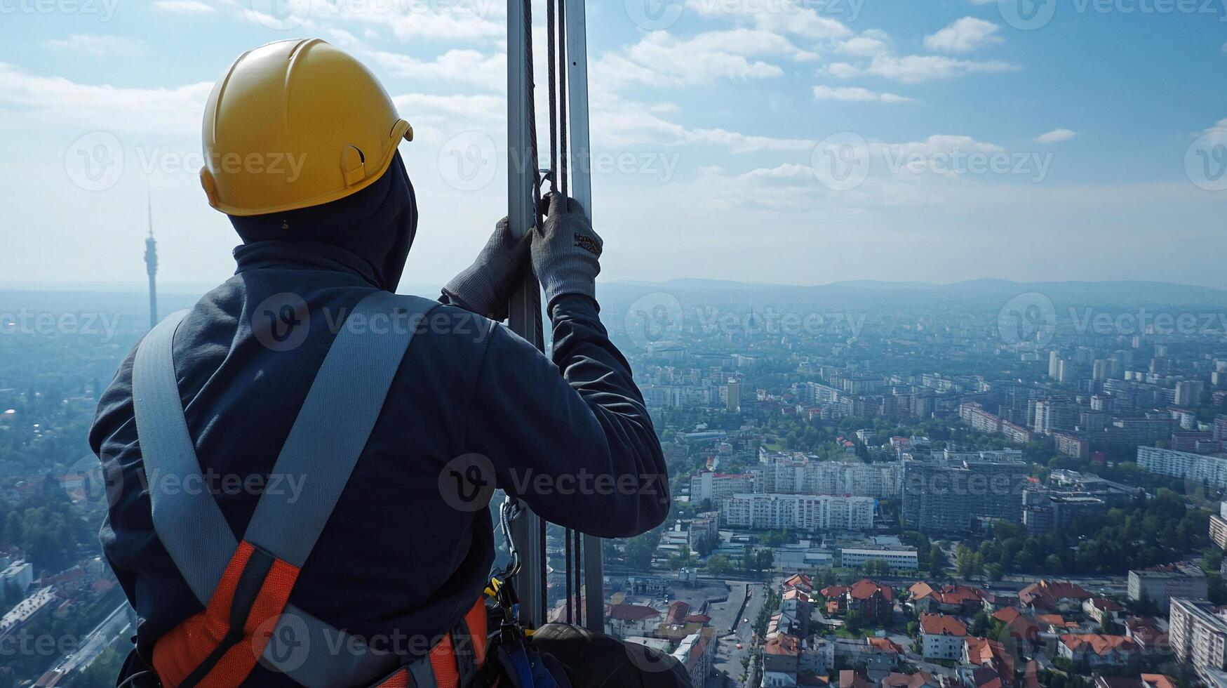A worker on a high rise building with a city in the background photo