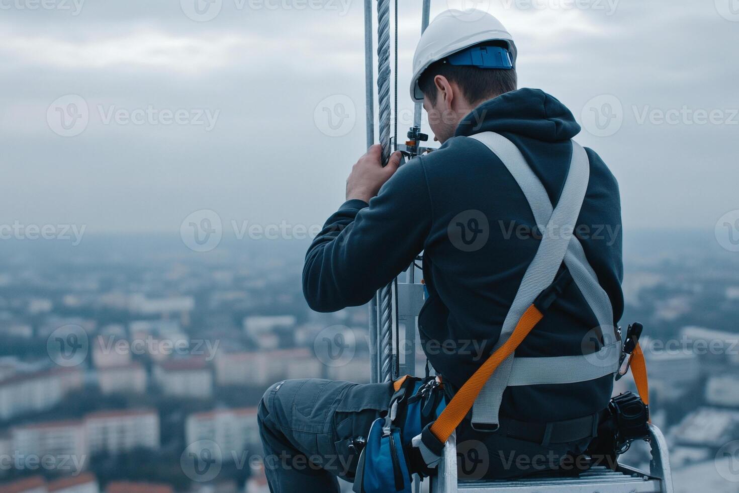 A man sitting on a ladder looking at a camera photo
