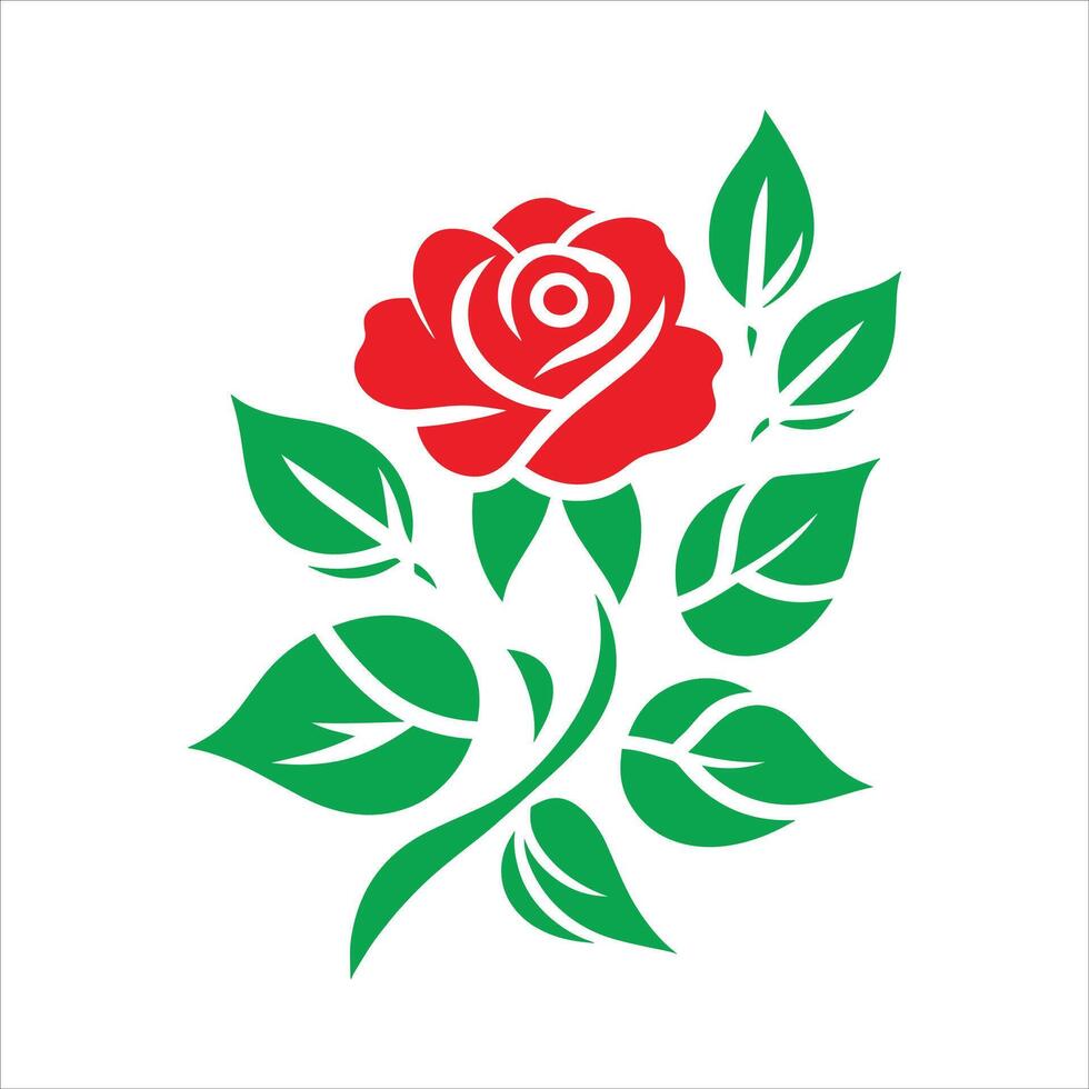 A Red Rose With Green Leaves And A Red Flower, Simple Rose illustration on white background vector
