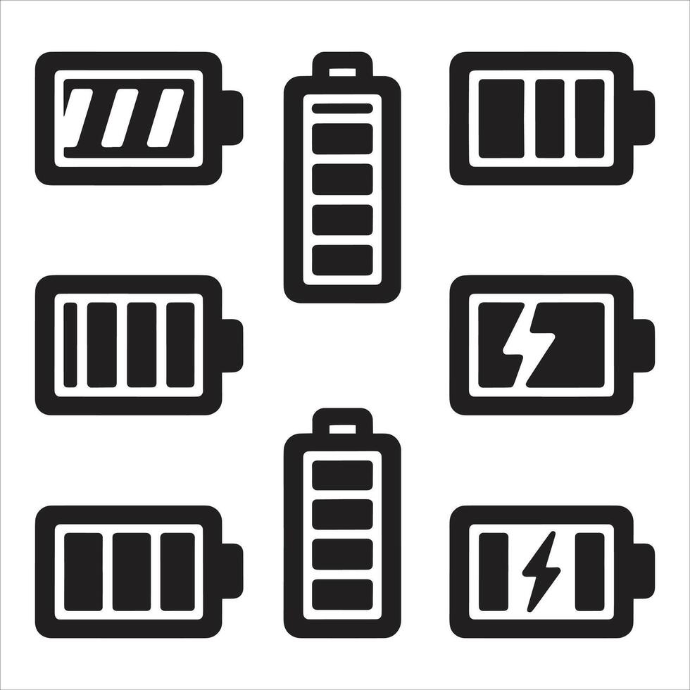 Battery Button Icon, Battery outline icons set. Charge level. Battery Empty And Full With a Lightning Bolt Charge Symbol Silhouettes On White Background vector