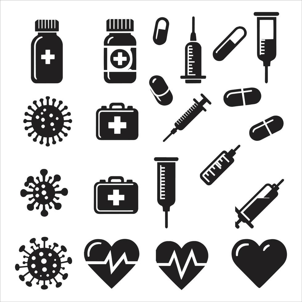 Medical Tools Silhouette Set Nurse Equipment Icon Bundle, Health Shield Icon, set of medical, laboratory, health icon. virus, vaccine, cure, pill, tablet, test tube, bottle, germ, injection vector