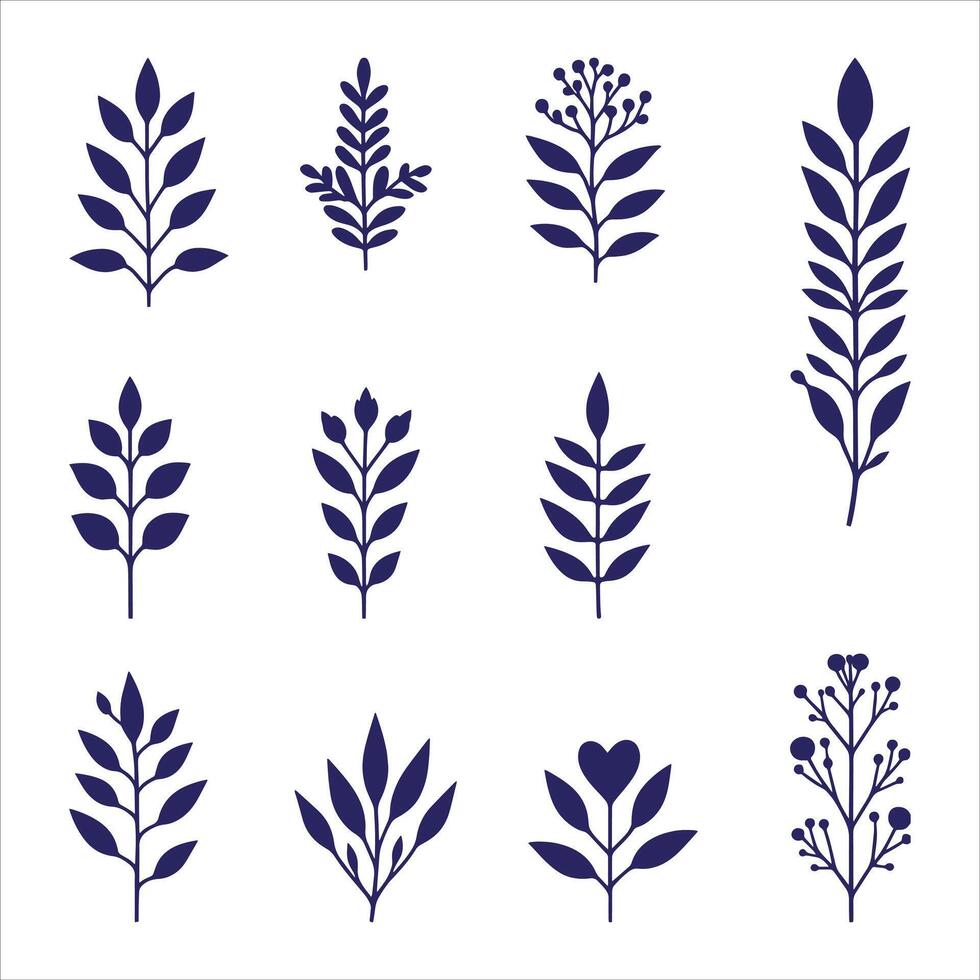 Set Of Branch And Leaves, Creative Flower Leaves And Branches Silhouettes On White Background vector