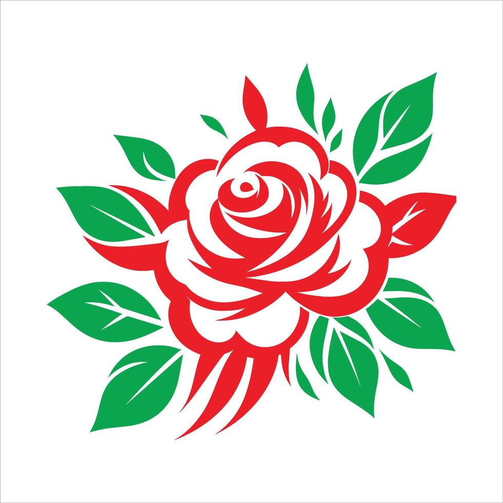 Red Rose Flower With Green Leaves, Simple Rose illustration on white background vector