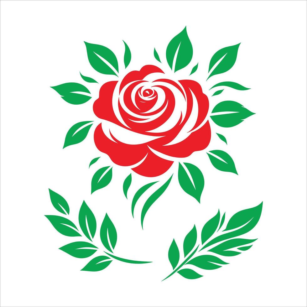 Red Rose Flower With Green Leaves, Simple Rose, Valentine Day Rose illustration on white background vector