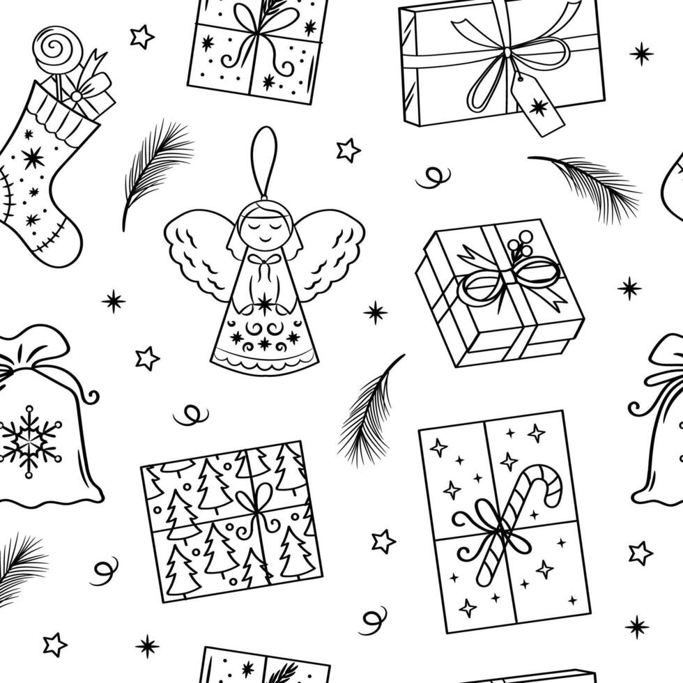 Christmas gifts seamless pattern. New Year packaging. Set of doodle elements. vector