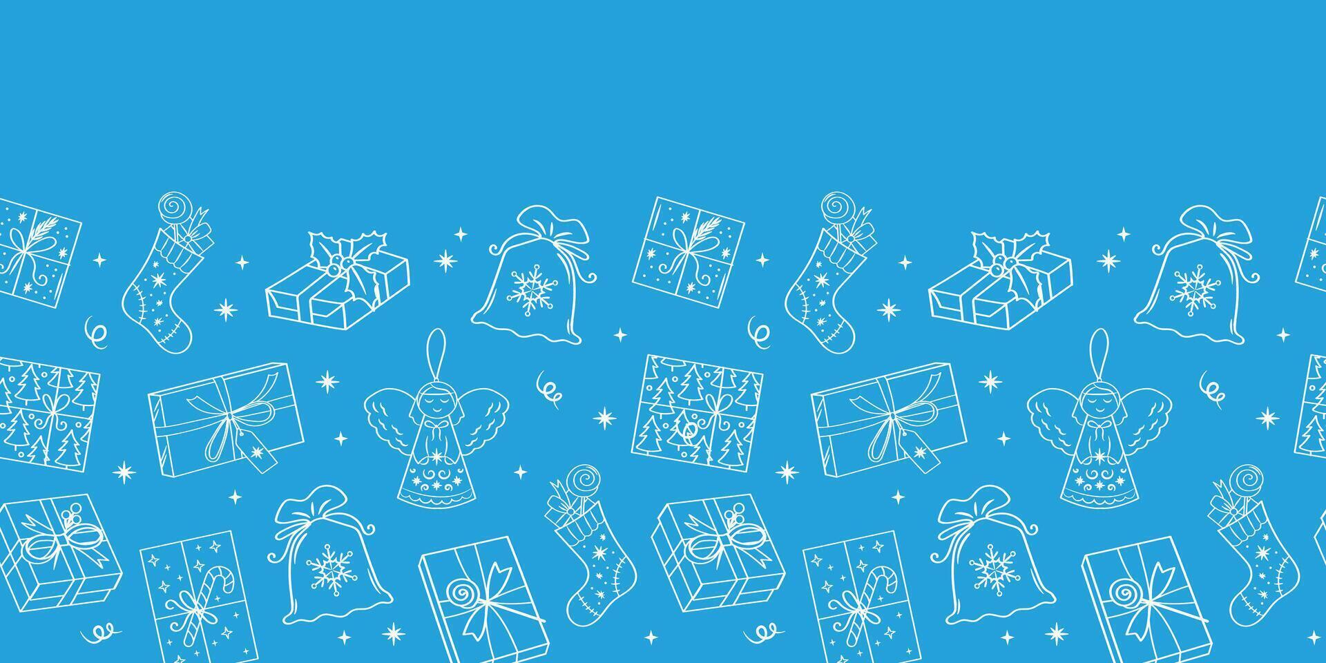 Christmas gifts seamless pattern. New Year presents on blue background. banner template with cute doodle elements. vector