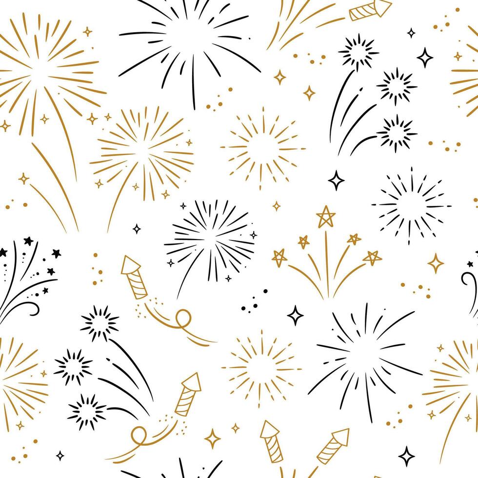 golden and black fireworks with stars and sparks on white background. Seamless pattern. vector