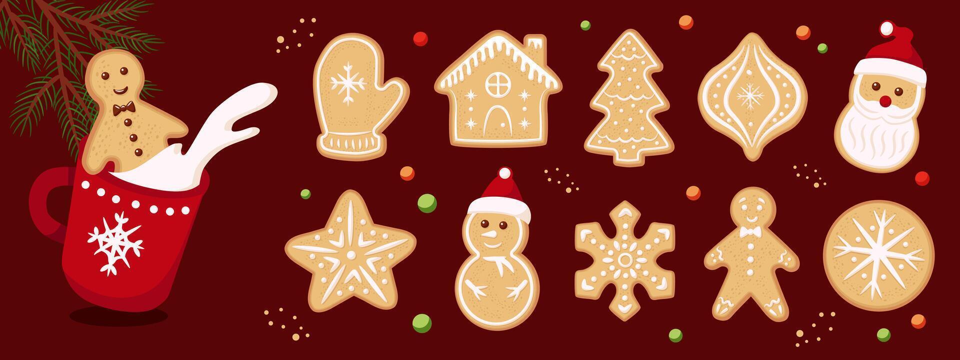 Set of Christmas gingerbread cookies. Cute illustration of decorated christmas cookies. Santa, star, snowman, tree, snowflake, mitten, house, snowflake, candy. vector