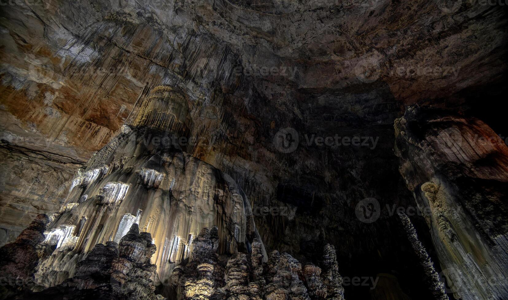 Stunning rock formations illuminated in Cacahuamilpa Caves National Park at sunset photo
