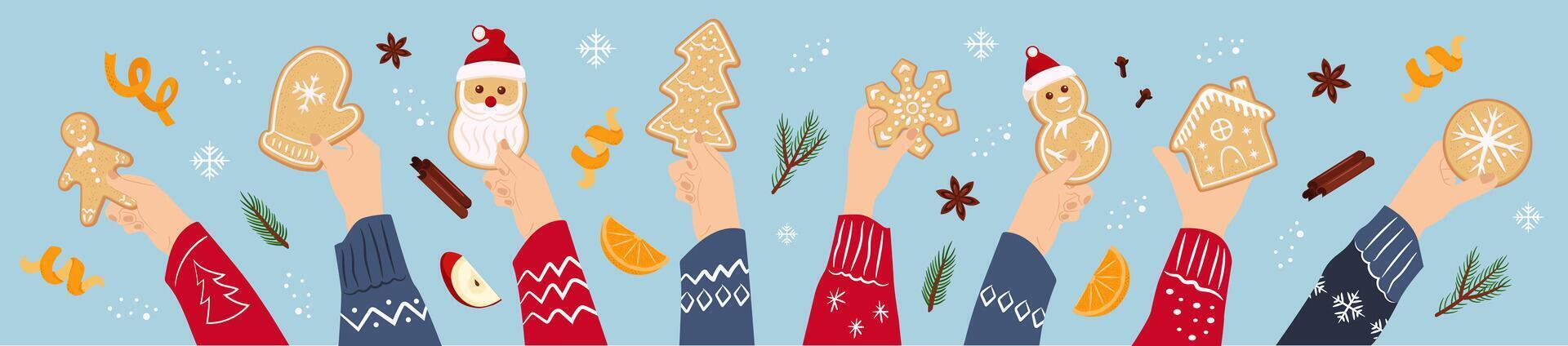 Hands with decorated Christmas gingerbread cookies. Orange, cinnamon, apple, star anise. Holiday banner template. vector