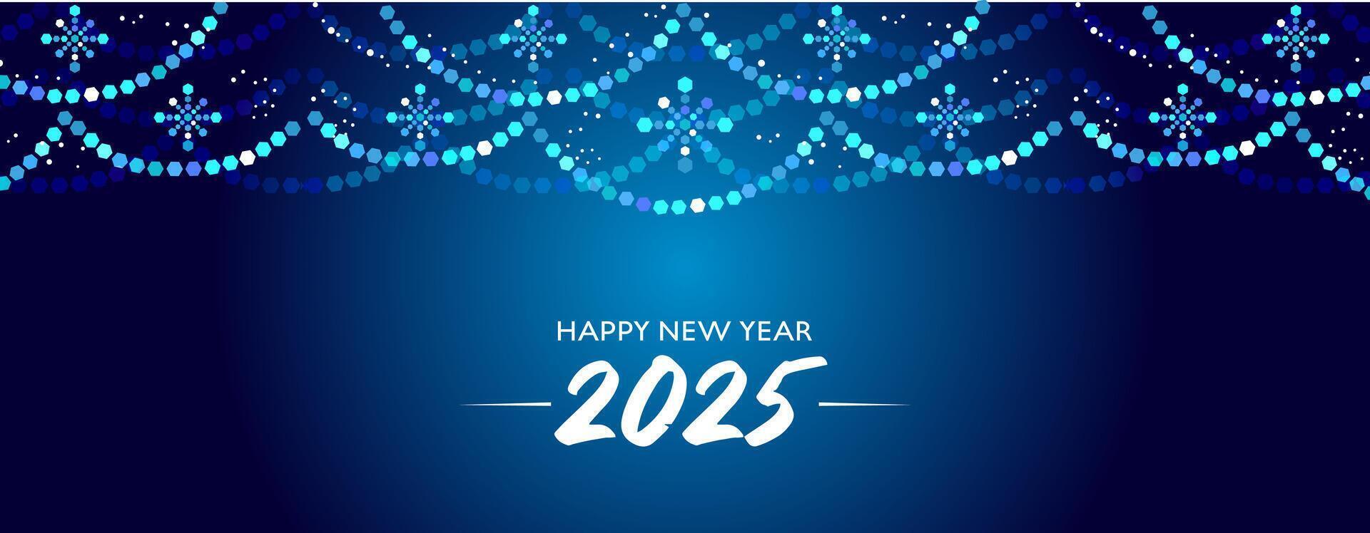 2025 New Year banner. Festive blue background with light decoration. Template with sparkling garlands and snowflakes. vector