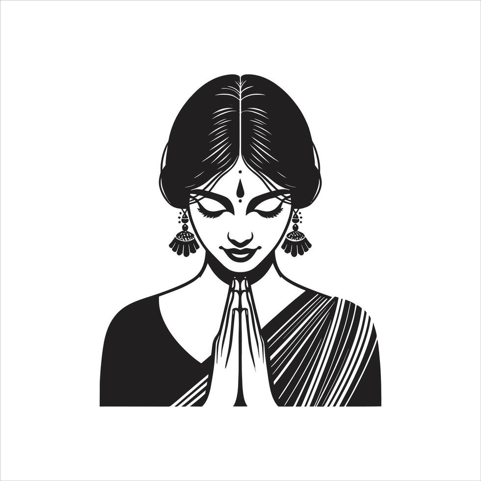A black and white illustration of a woman in a sari vector