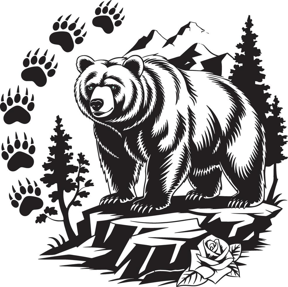 Black and White Bear Illustration with Forest vector