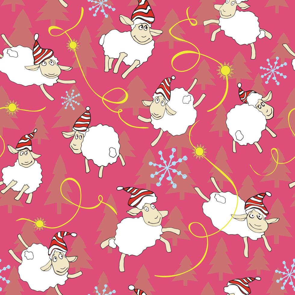 Happy flying sheep in Santa hats on a pink festive neutral background, accented with hand drawn snowflakes, yellow ribbons, and translucent fir trees. Great for digital playful holiday designs, cards vector