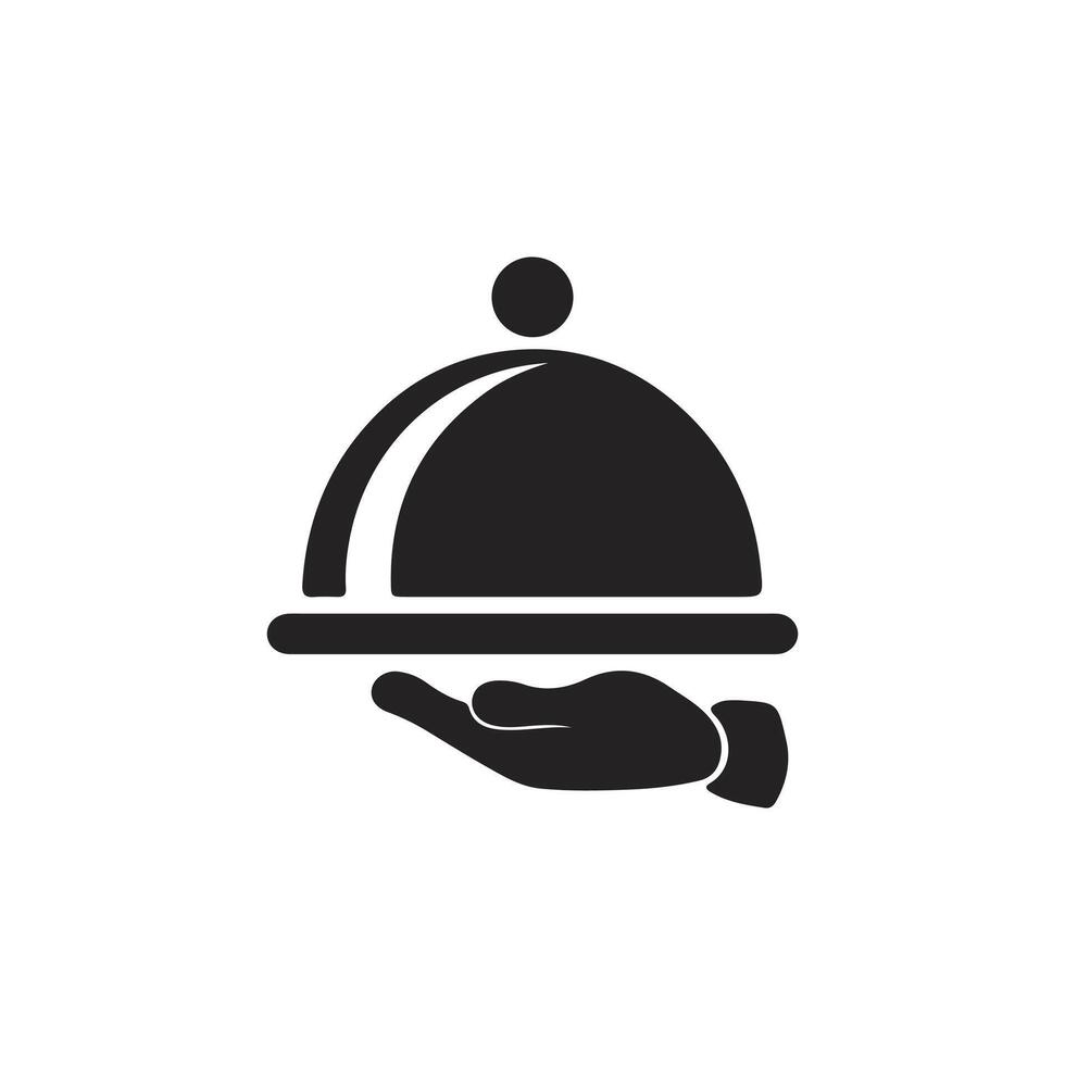 Black-and-white illustration of a hand holding a covered serving platter, often used to symbolize food service or catering. The hand, drawn in a stylized manner. vector