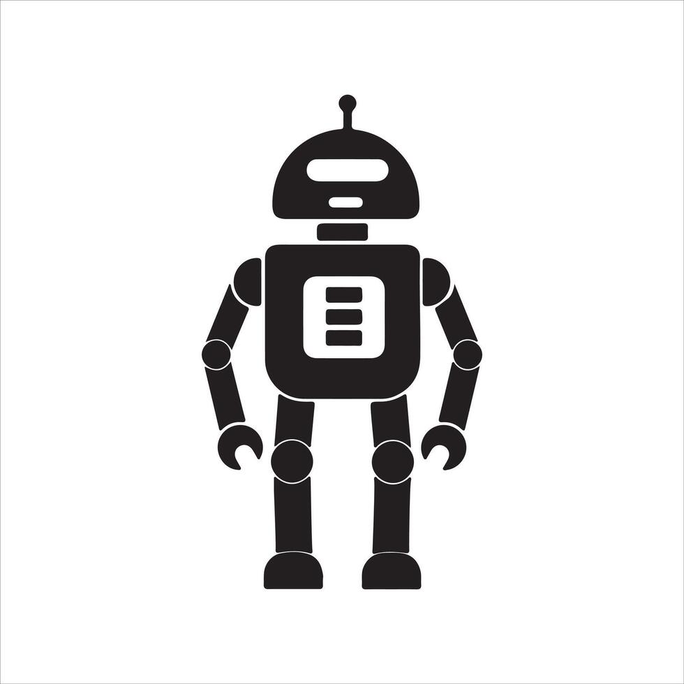 This image is a vector-style illustration of a robot. The design is minimalistic, showing a humanoid robot with segmented arms and legs, a rectangular body with a panel-like feature in the center. vector