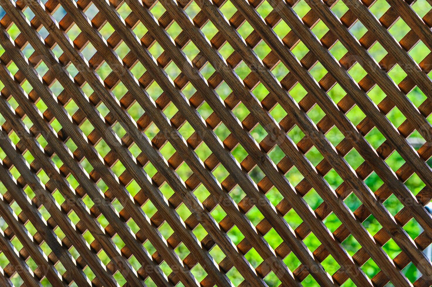 Lattice work casting shadows over vibrant green grass in a serene outdoor setting photo