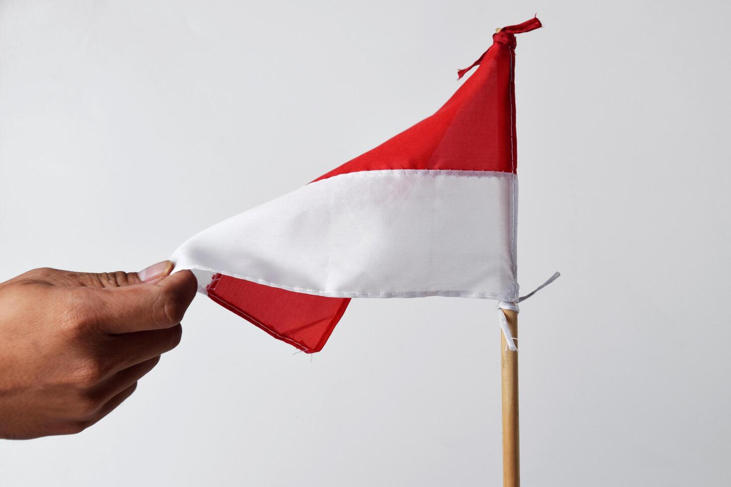 Someone is holding a red and white flag on a wooden pole photo