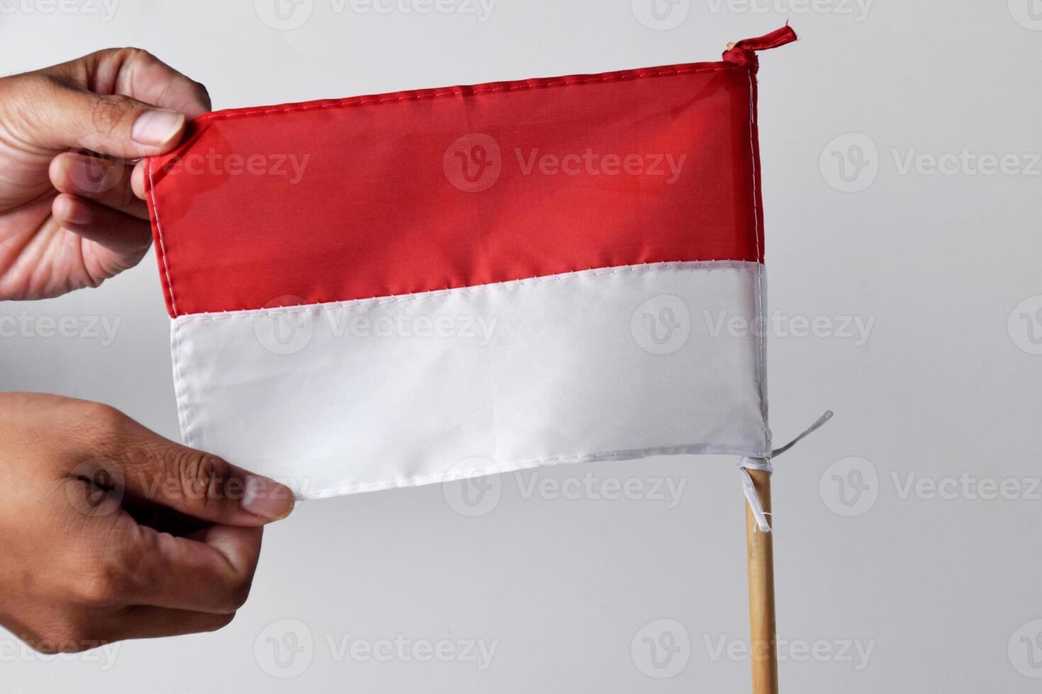 Someone is holding a red and white flag on a wooden pole photo