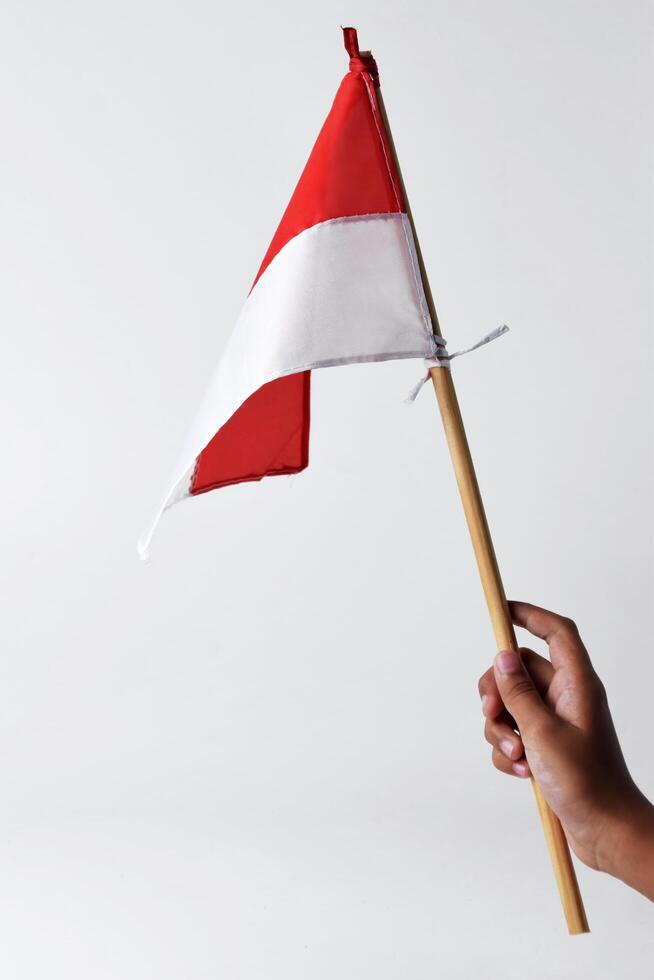 A child's hand holds and waves the red and white flag of the Indonesian photo