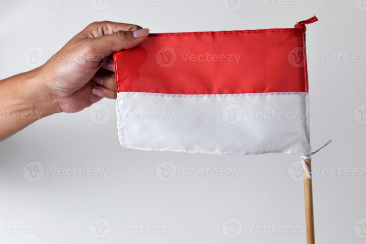 Someone is holding a red and white flag on a wooden pole photo