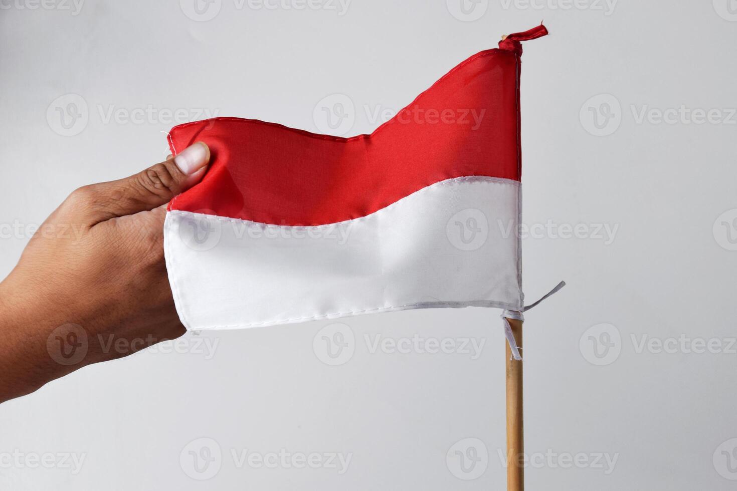 Someone is holding a red and white flag on a wooden pole photo