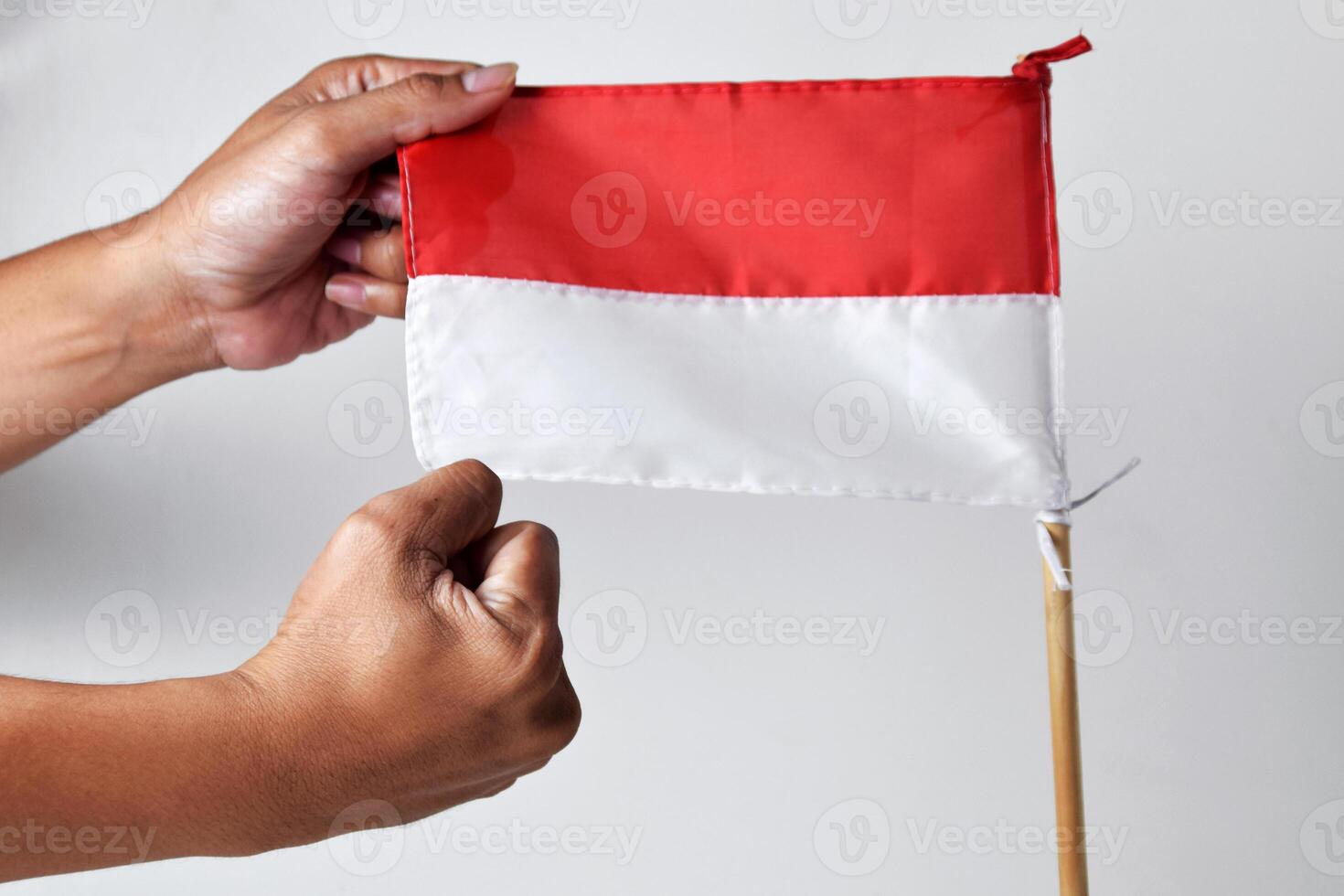 Someone is holding a red and white flag on a wooden pole photo