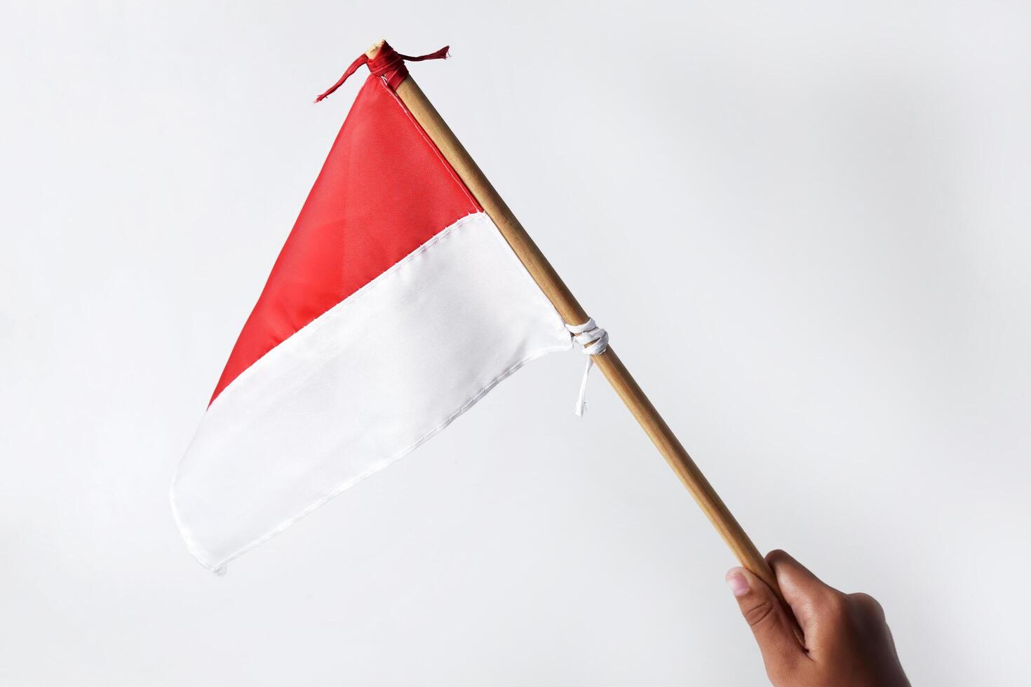 The red and white Indonesian flag with a wooden pole held in a hand photo