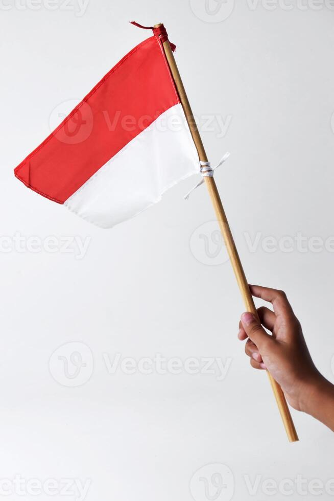 A child's hand holds and waves the red and white flag of the Indonesian photo