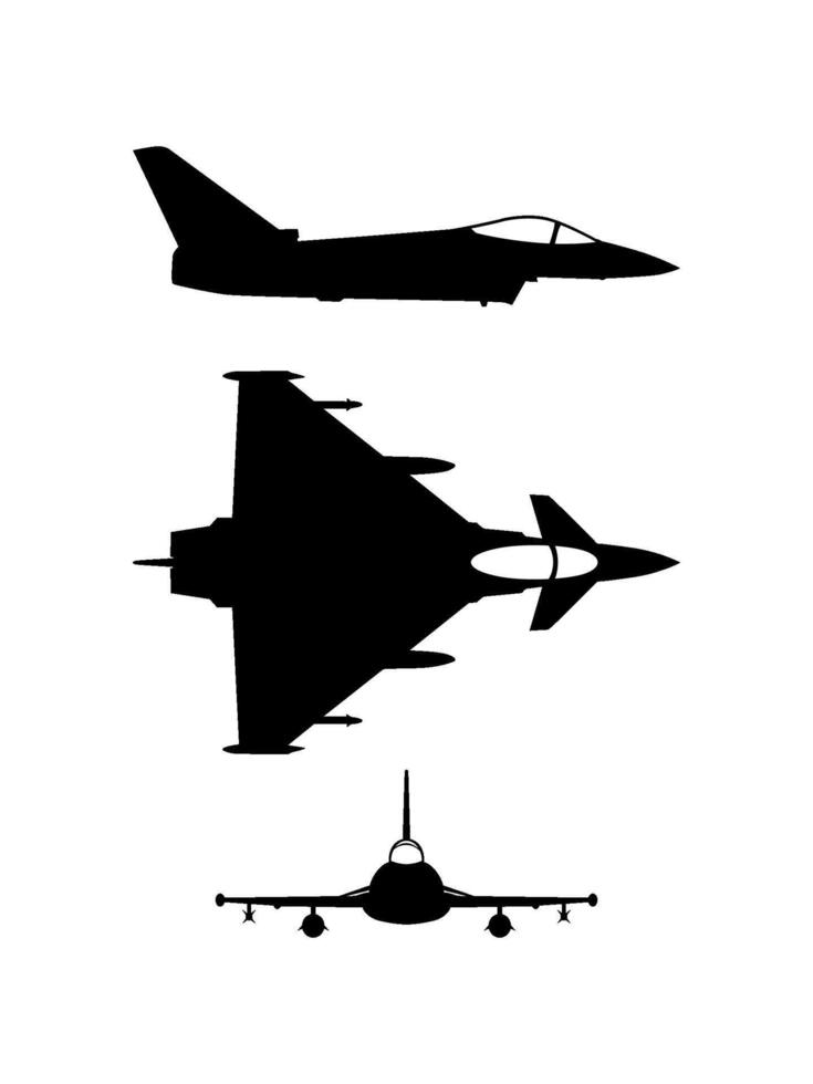 fighter jet view top side front silhouette vector