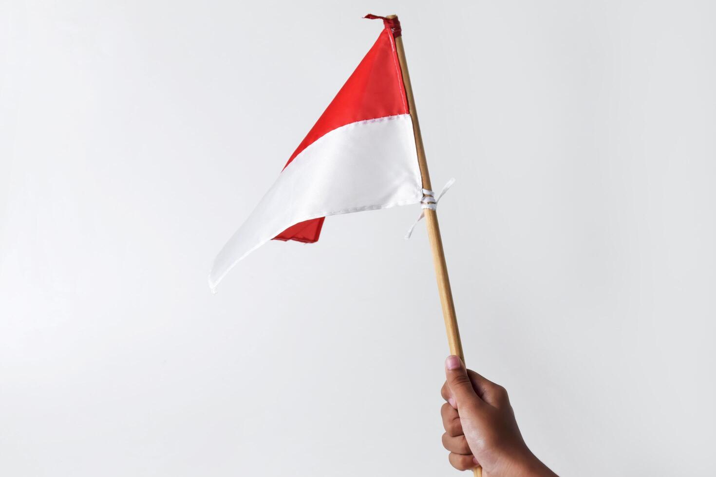 A child's hand holds and waves the red and white flag photo
