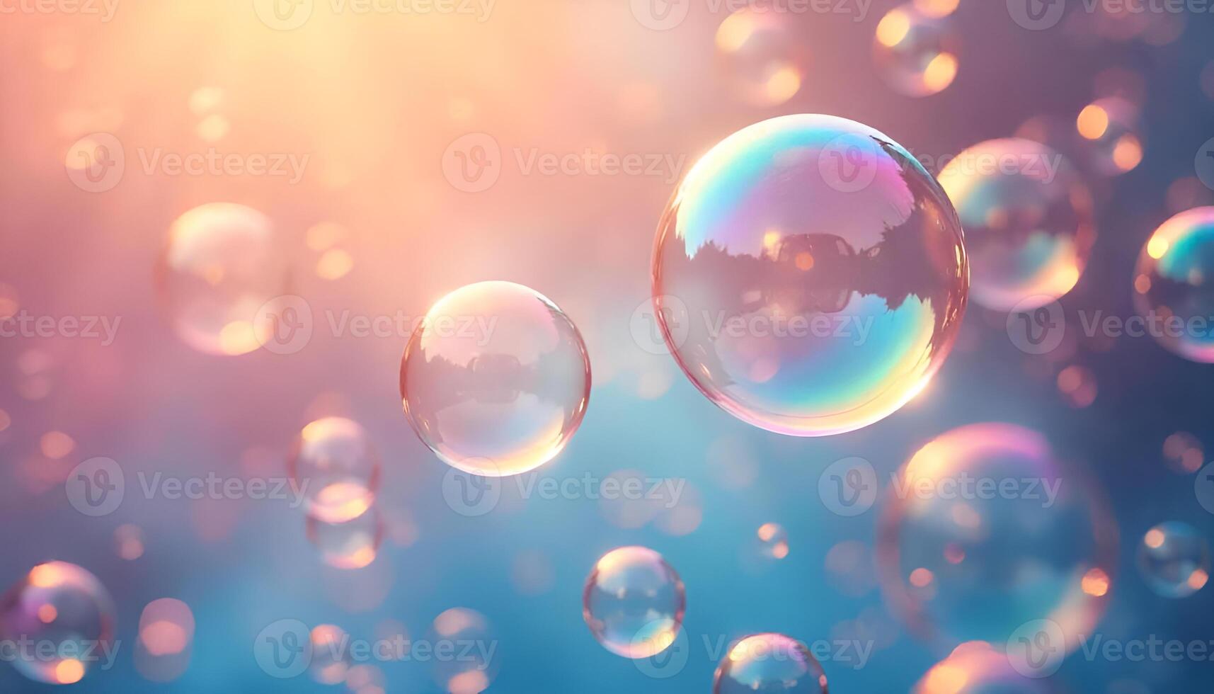 soap bubbles floating in the air with sunlight shining through photo