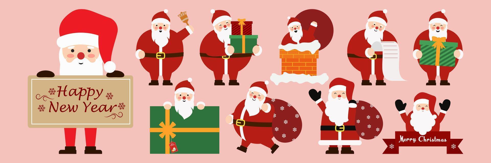 Santa Claus illustrations with various expressions and activities. vector