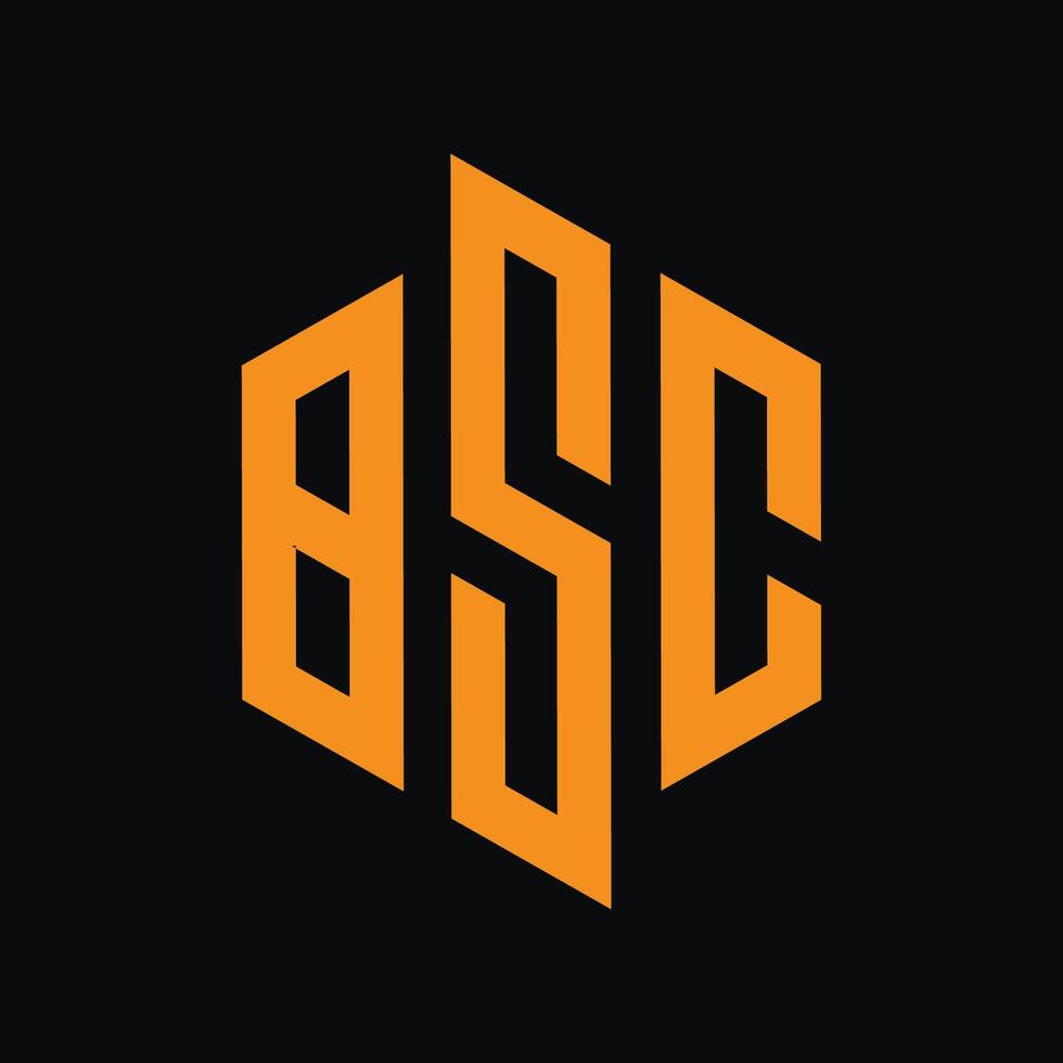 BSC letter logo design in six styles. Hexagon, flat and simple BSC with Orange color variation black background vector