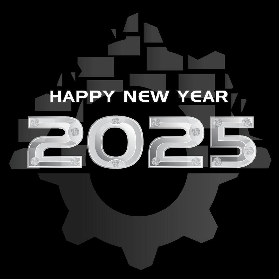 Happy New Year 2025 design with technology illustration and black and white theme vector