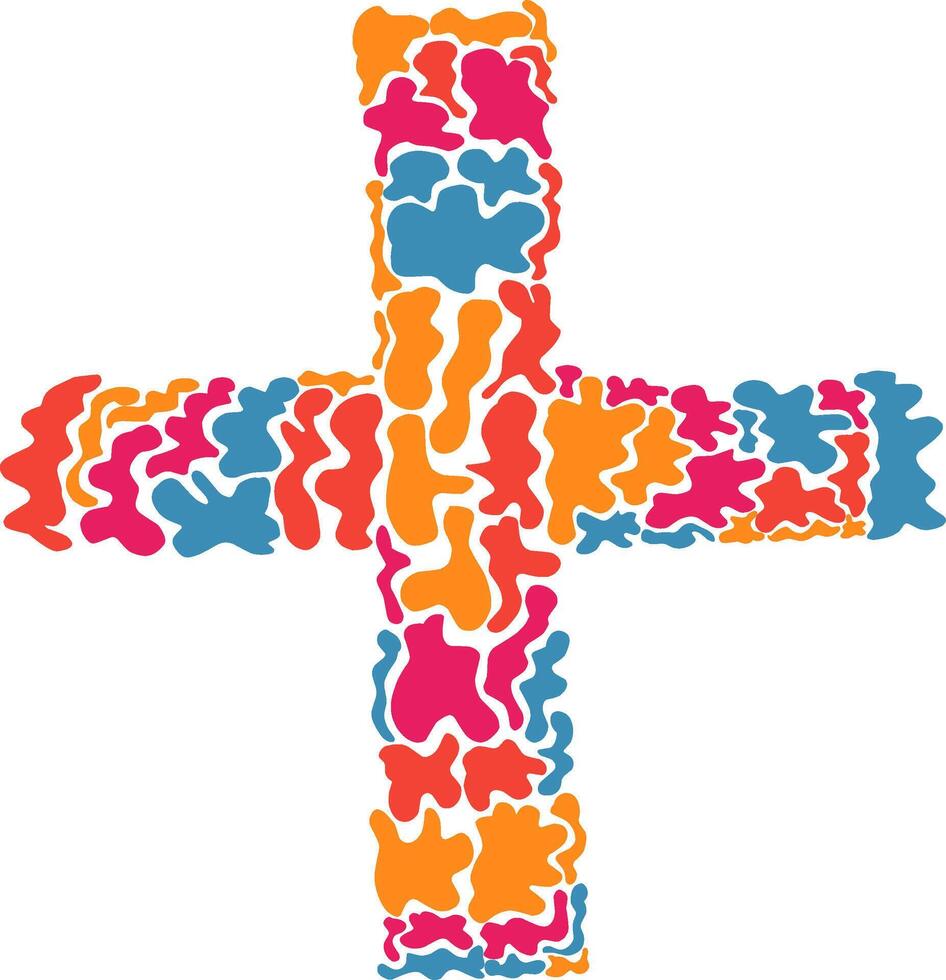 A colorful, abstract cross composed of many organic, fluid shapes. vector
