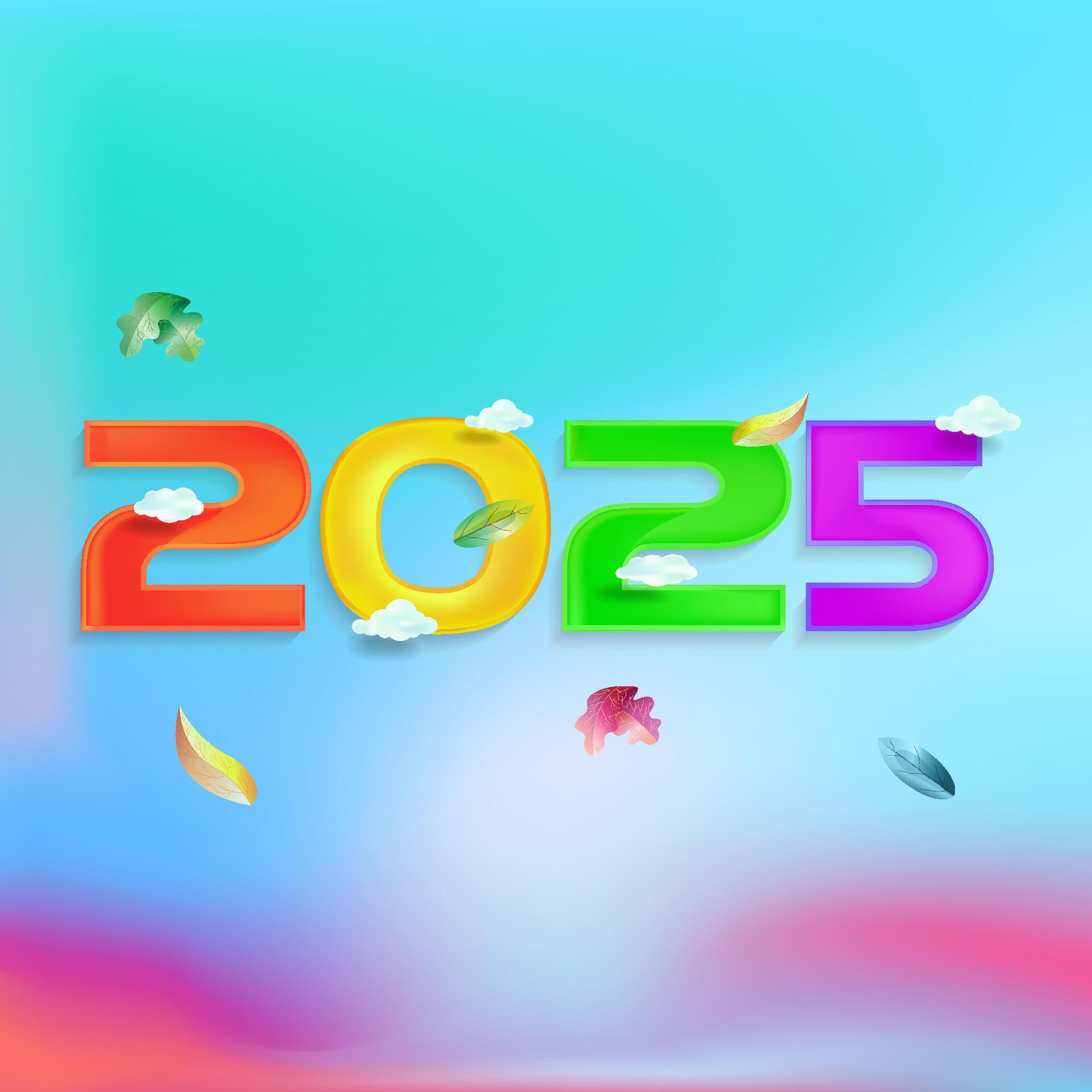 Happy New Year 2025 design with rainbow and falling leaves illustration