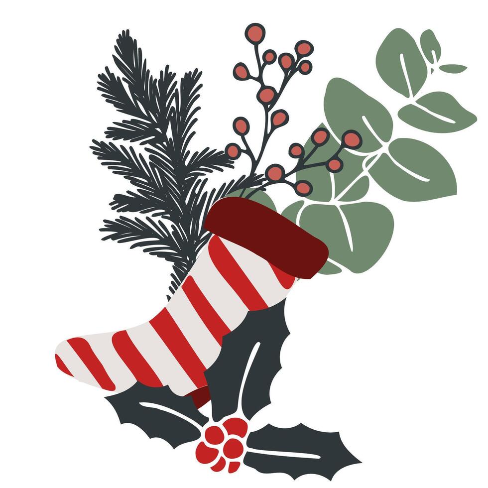 Festive Christmas illustration featuring striped stocking filled with pine branches, eucalyptus leaves, red berries, and holly. Hand drawn style with a simple and cozy holiday design vector