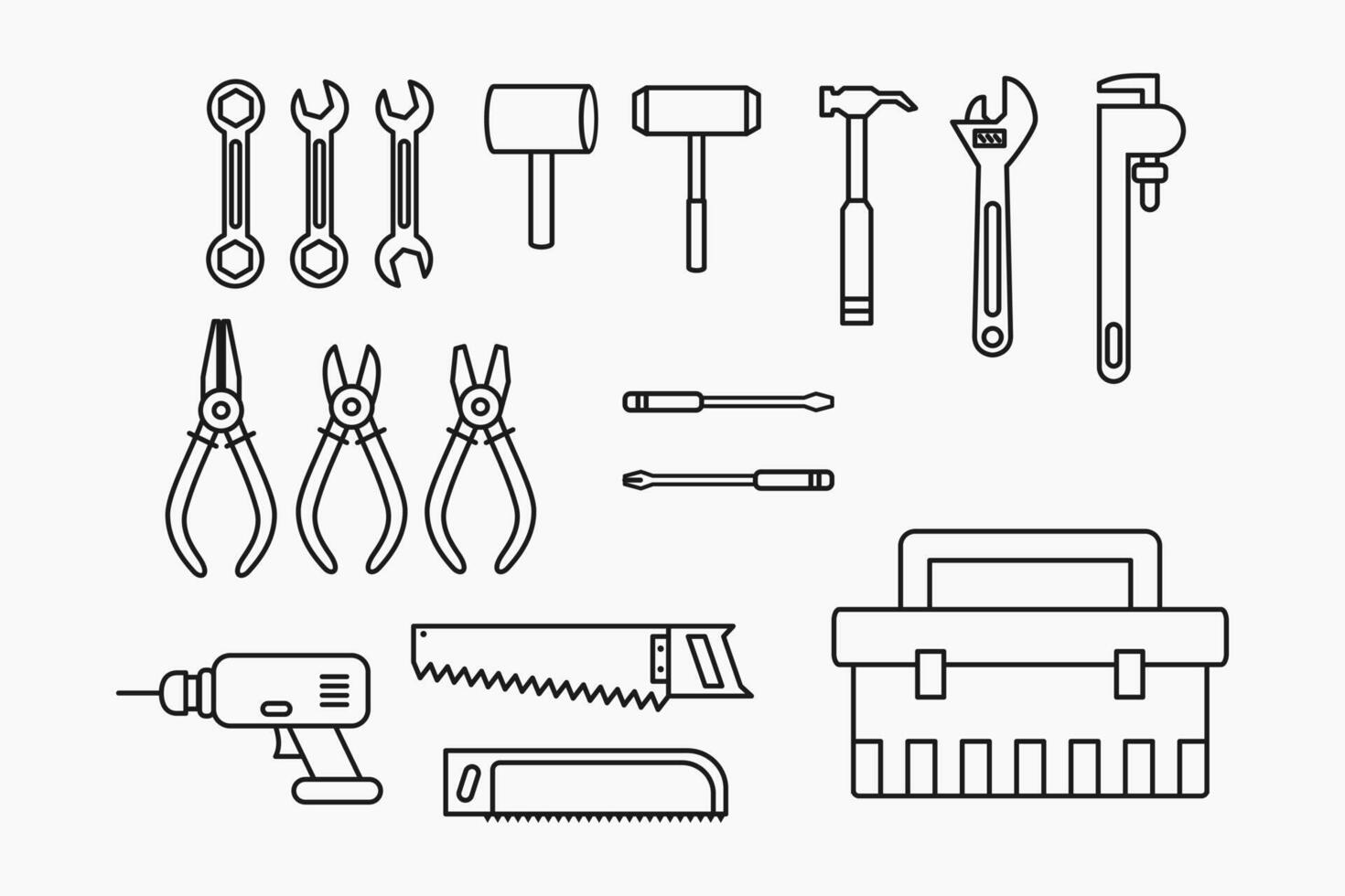 tools icon line set - minimalist equipment and hardware icons vector