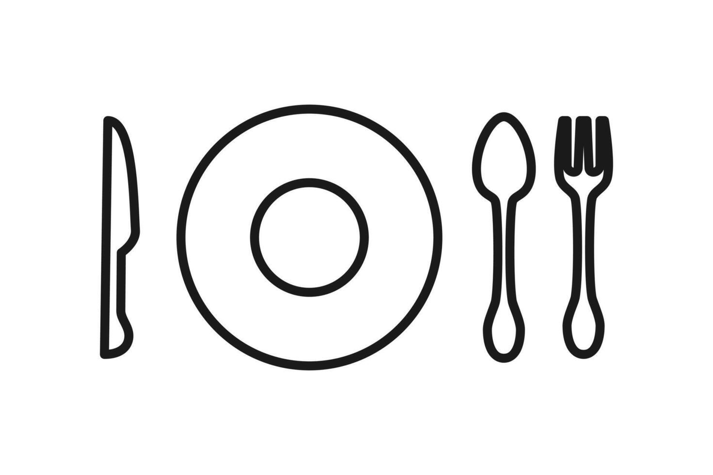 tableware icon line set - plate, fork, spoon, and knife minimalist icons vector