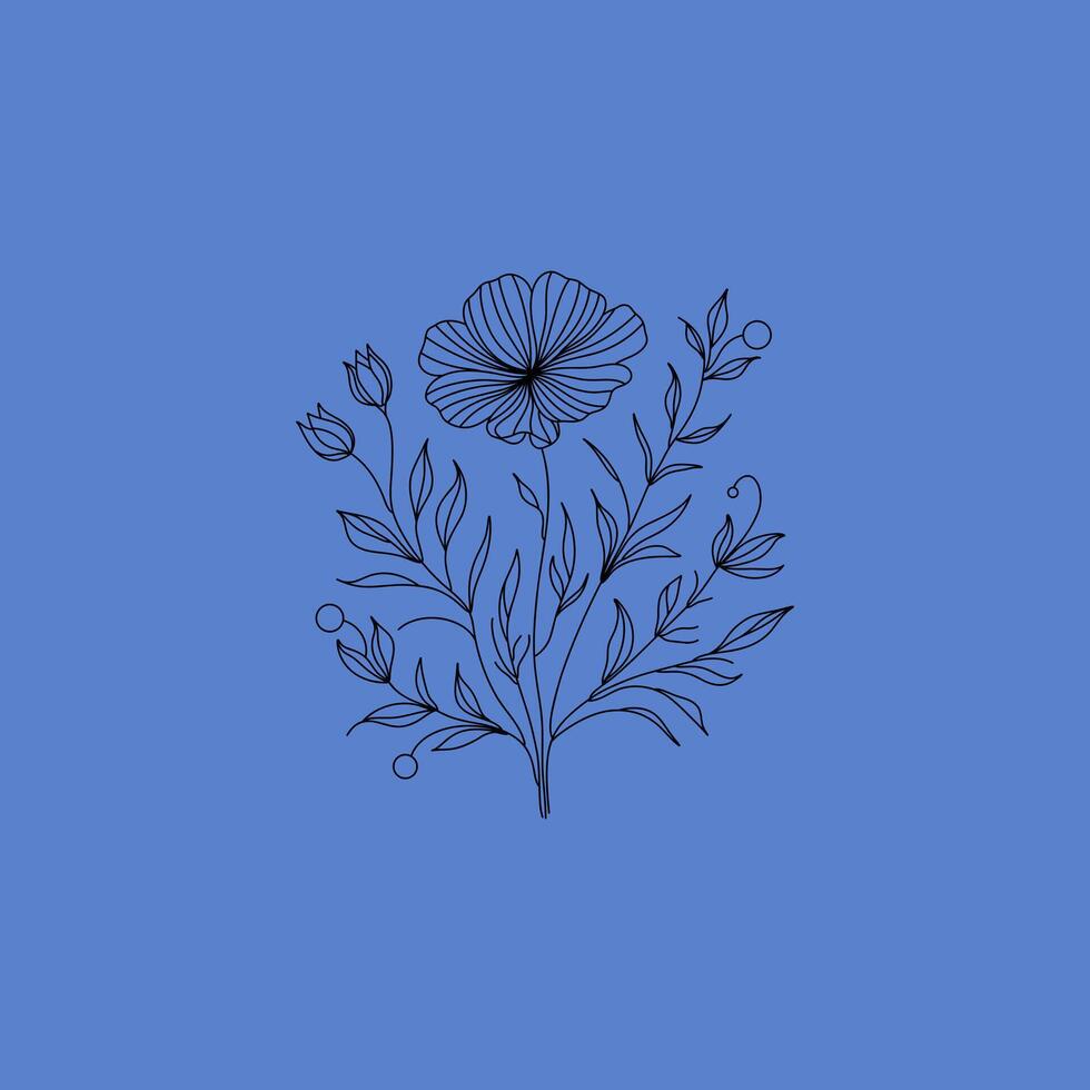 Delicate floral line art. Minimalist floral line art illustration on a blue background. For branding, packaging, and decor projects. vector