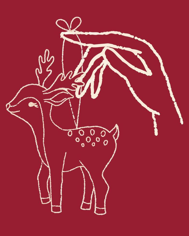 Pencil hand drawn sketch of hand keeping Christmas toy deer . The decoration is hanging on the index finger. vector