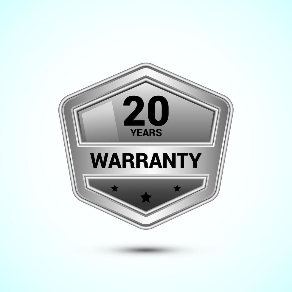 Advertising 20 years warranty silver emblem, for label, icon, logo, badge, symbol, button vector