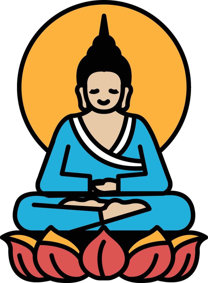 A cartoonish drawing of a smiling Buddha sitting on a lotus flower vector