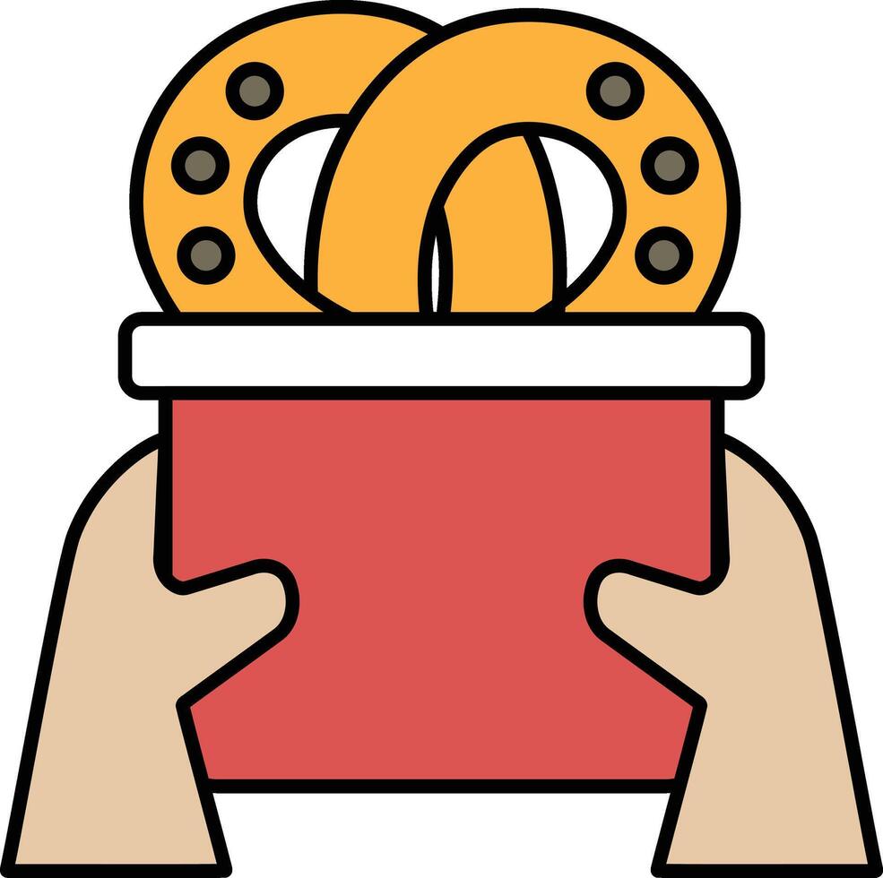 A person is holding a red container with two doughnuts in it vector