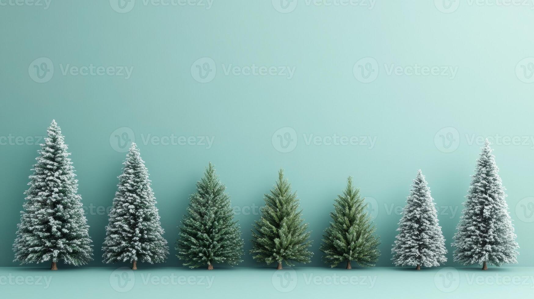 A row of christmas trees in front of a blue wall photo