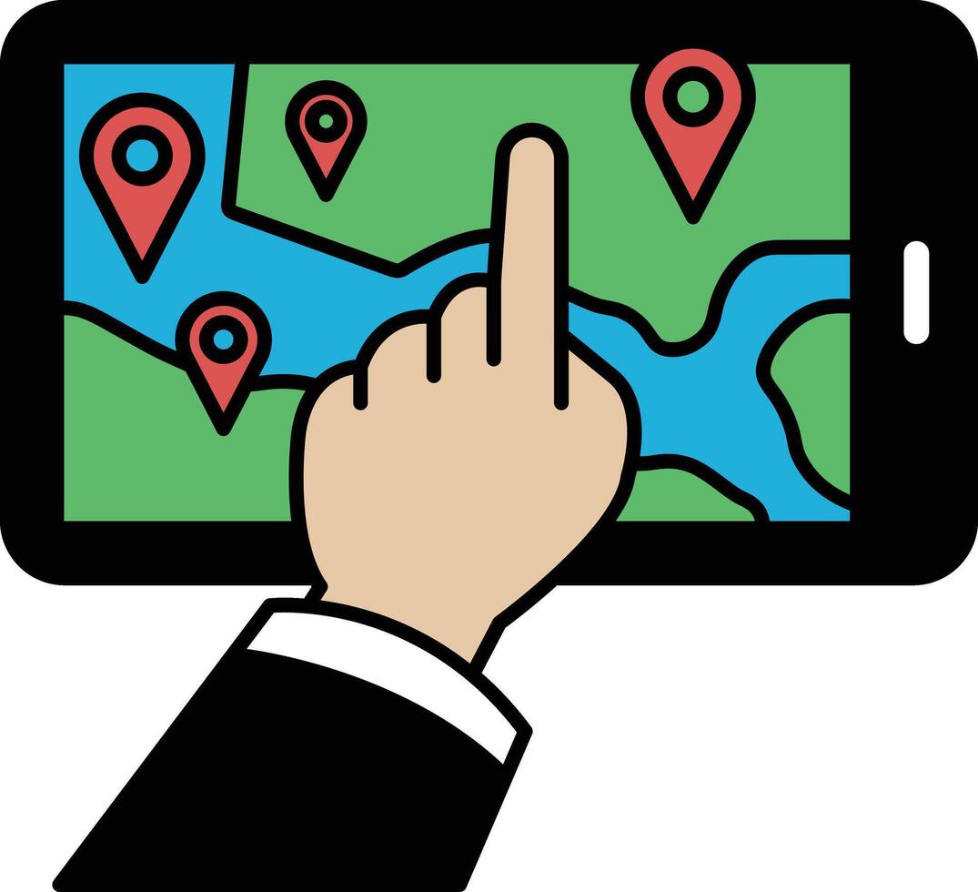 A hand pointing at a map on a phone vector