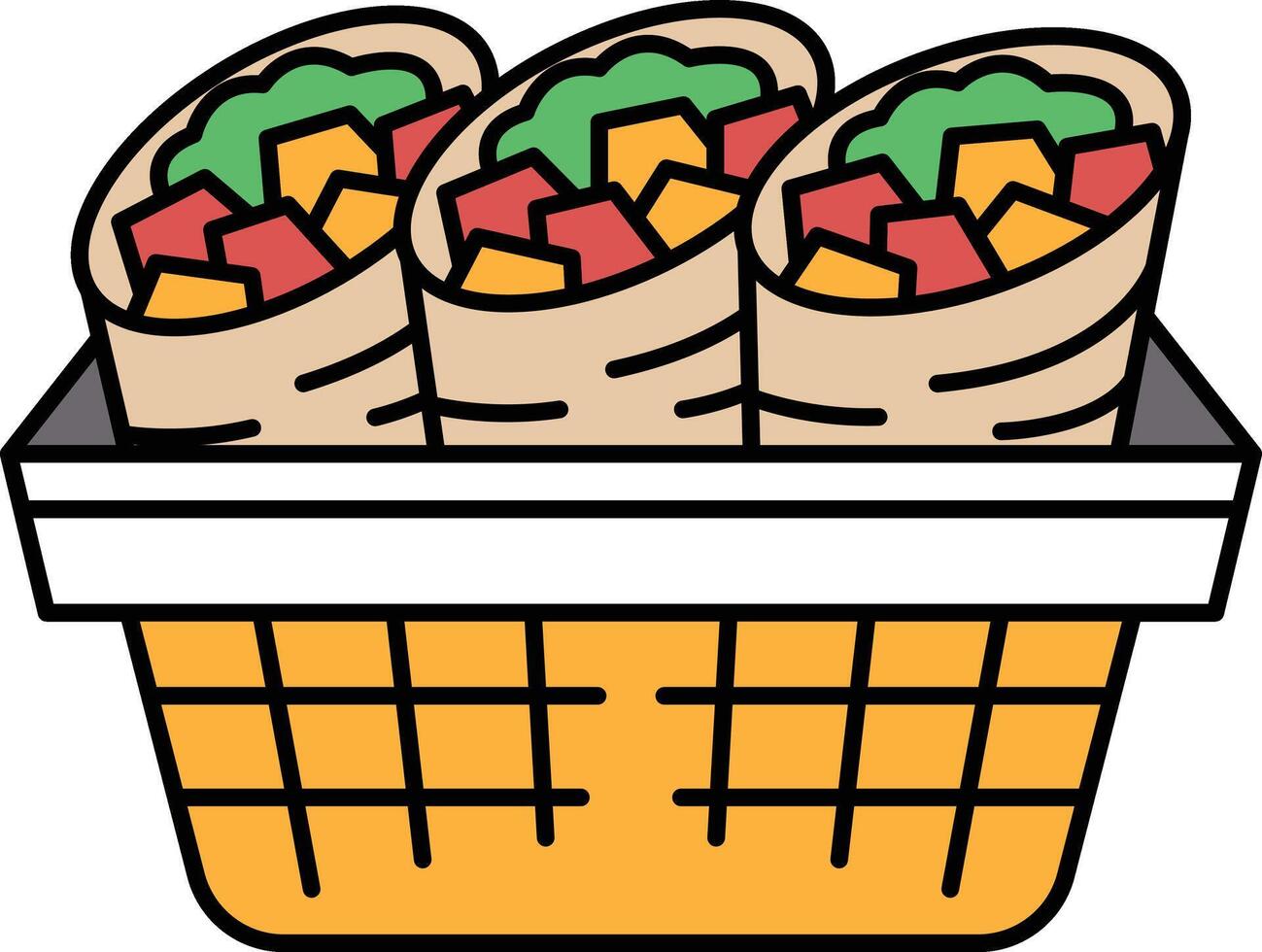 Three burritos with vegetables in a basket vector